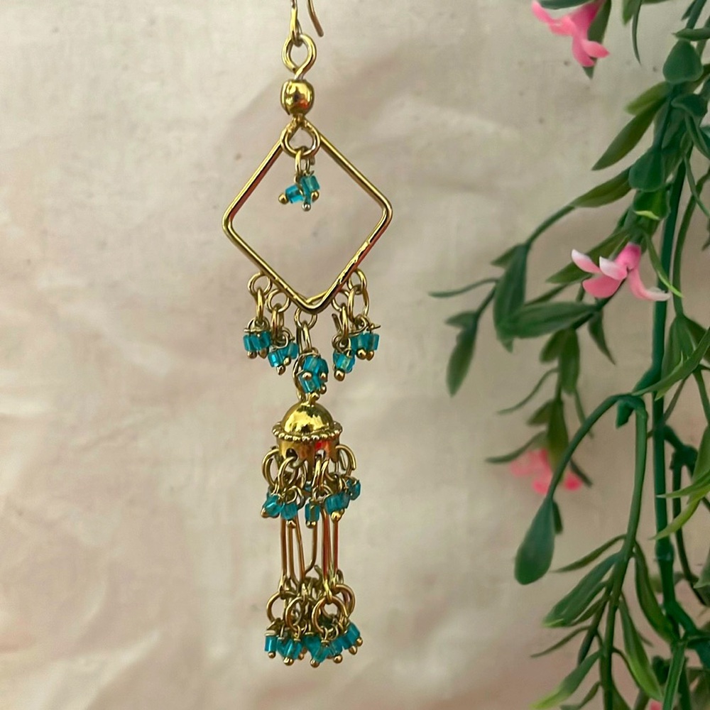 Gold Teardrop Tassel Drop Earrings Clear Turquoise Blue Beads Bollywood 3.75”